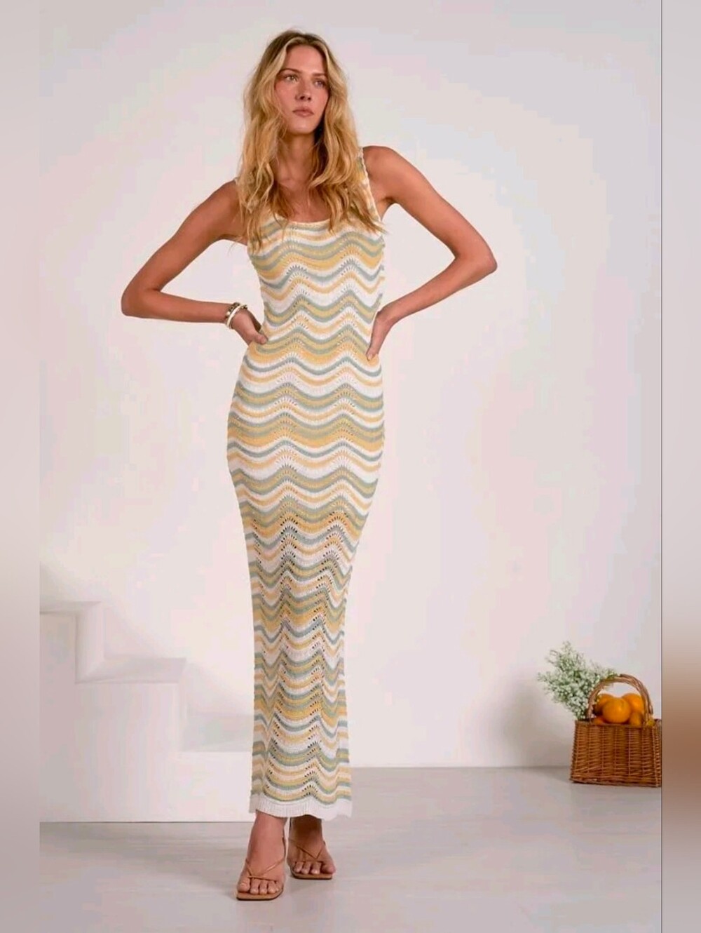 Sleeveless Crochet Chevron Knit Maxi Dress in Pastel Yellow and Green